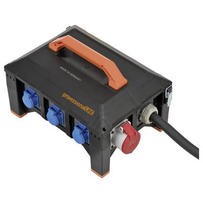 Black electrical distribution enclosure with an orange handle, four blue sockets and a red plug, labelled with 'professional LINE'.