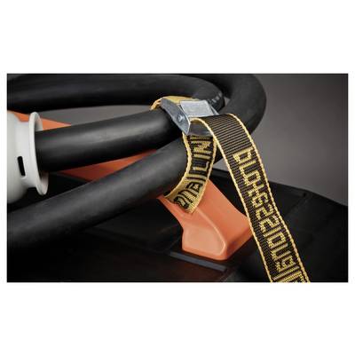Black hose with an orange holder and yellow securing strap.