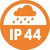 An orange symbol with a cloud, raindrops, and the inscription 'IP44', indicating protection against water splashes.