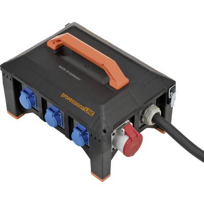 Black power distributor with an orange handle, featuring multiple blue sockets and one red socket. Inscription: 'professional LINE, Made in Germany'.