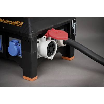 'Black connection box with red and blue socket terminals. A thick black cable is plugged in, ready for use.'