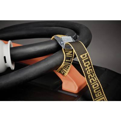 A black pipe, secured with a yellow band, rests on an orange-coloured bracket.