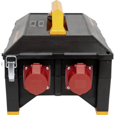 A black portable power distribution unit with four red sockets and a yellow carry handle, suitable for construction site use.