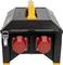 A black portable power distribution unit with four red sockets and a yellow carry handle, suitable for construction site use.