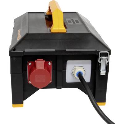 Black portable power generator with an orange handle and an attached cable; suitable for outdoor or construction site use.