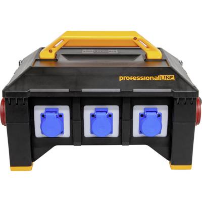 Black electrical cable extension with three blue sockets and an orange handle, labelled 'professionalLINE'.