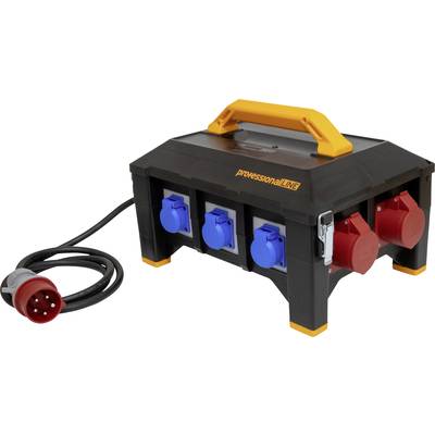 Black electrical distribution box with an orange handle, four blue sockets and three red industrial sockets, cables on the left.
