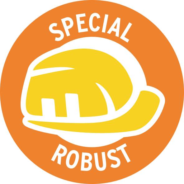 A yellow safety helmet with the words 'Special Robust' on an orange circle.