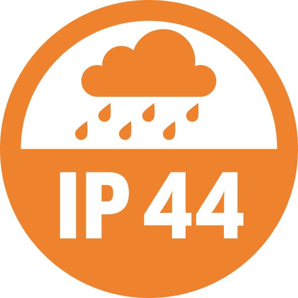 A round orange symbol with a cloud and raindrops above the inscription 'IP 44', indicating protection against water splashes.