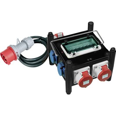 Compact black energy distribution box with multiple blue and red sockets, and an attached red industrial plug.