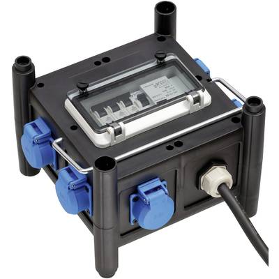A black power distributor with four blue sockets and a metal handle. At the top, there is a transparent fuse box.