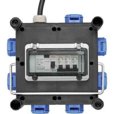 A black distribution box with blue sockets and four switches. It is suitable for electrical connections.