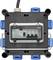 A black distribution box with blue sockets and four switches. It is suitable for electrical connections.