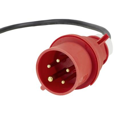 Red high-current plug with multiple golden contacts and a black cable in the background.