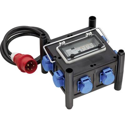 A black, portable power distribution unit with multiple blue electrical sockets and a red plug, including a transparent cover with fuses.