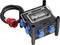 A black, portable power distribution unit with multiple blue electrical sockets and a red plug, including a transparent cover with fuses.