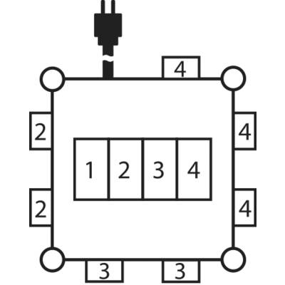 Diagram of a square circuit with a plug at the top. The sides are labelled with the numbers 2, 3, 4. Inside 1 to 4.
