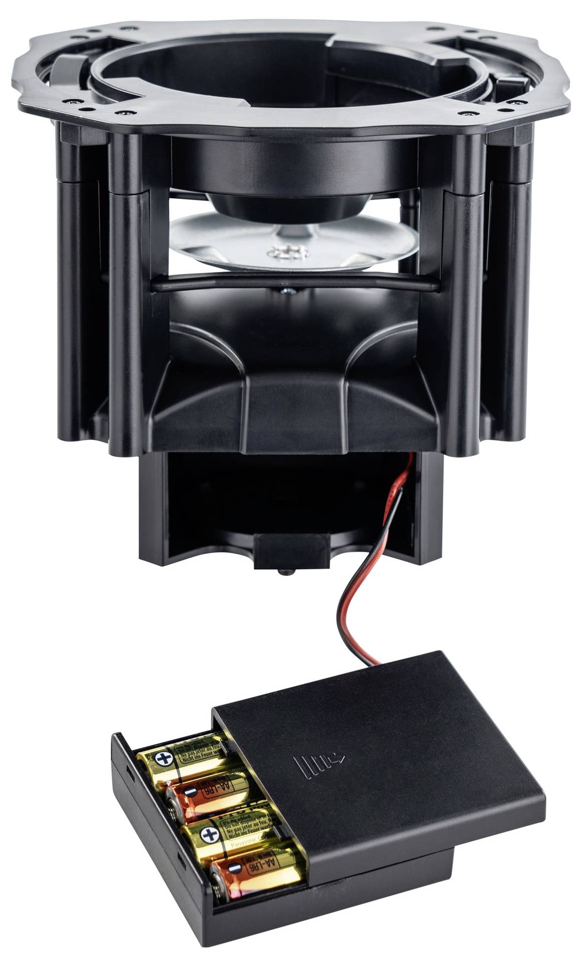 A black fan with a battery compartment and cables, which contains several AAA batteries.