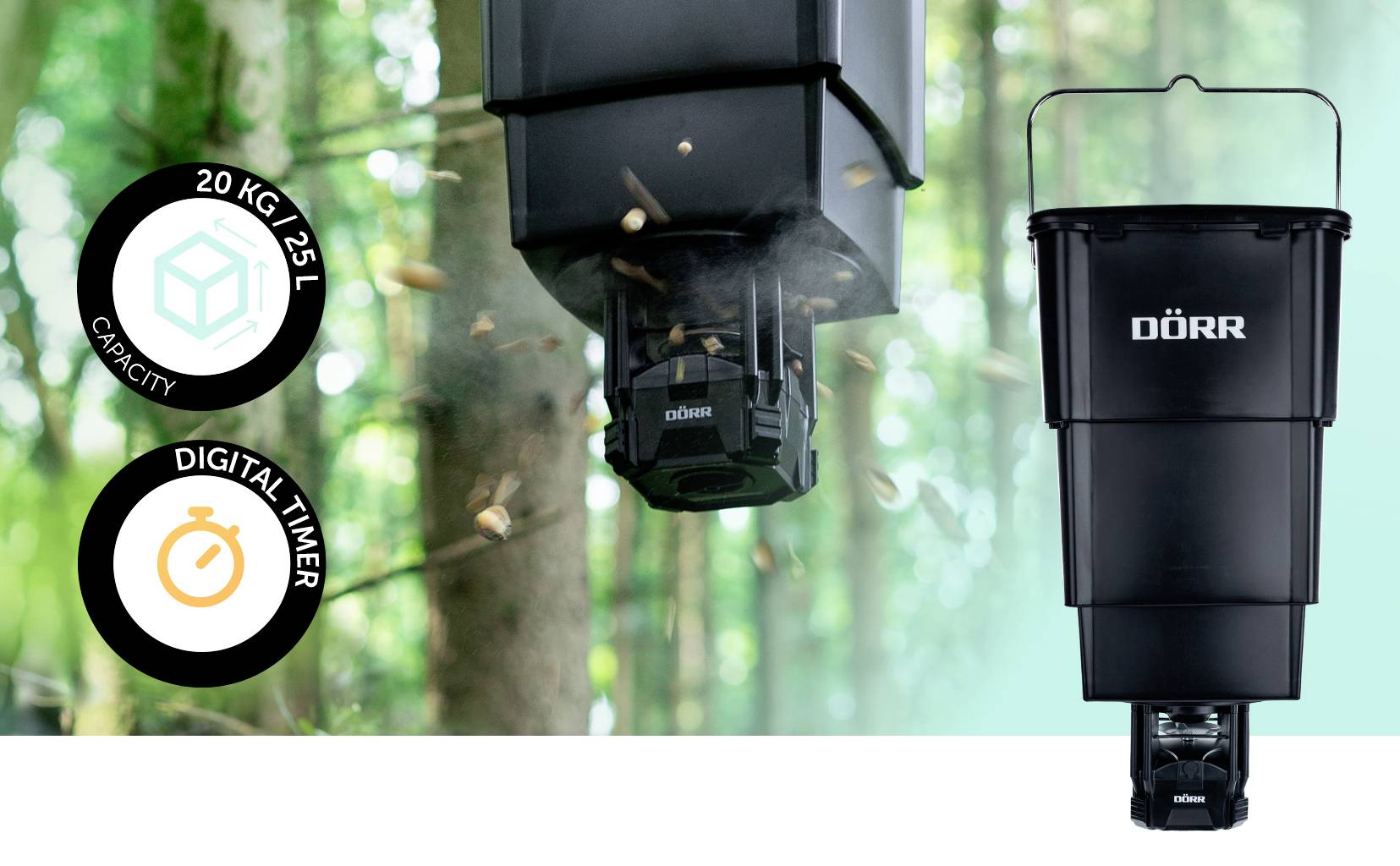 Black automatic feeder in a forest, with digital timer and 20 kg/25 l capacity. Symbols for capacity and timer on the left.