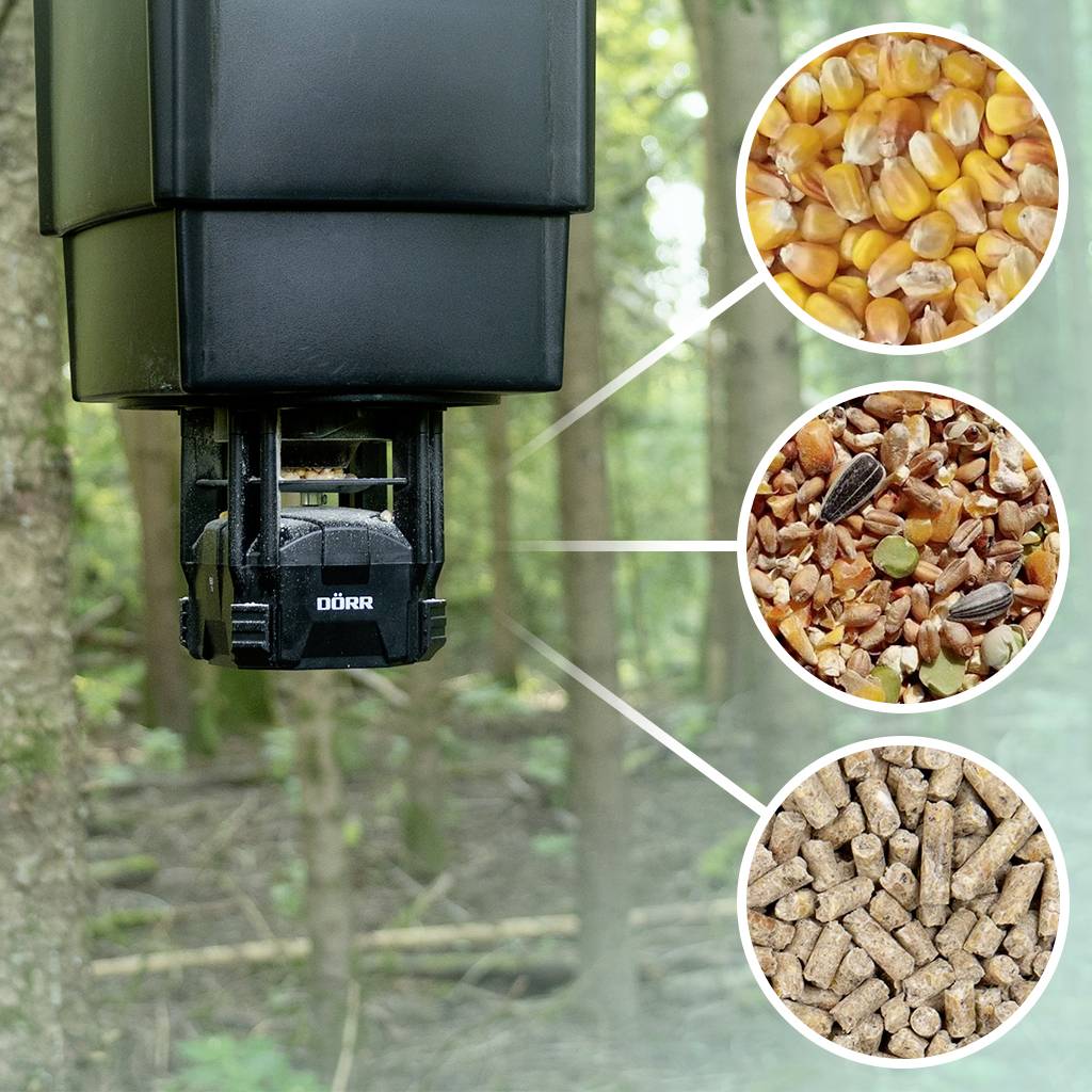 Feeding machine in the woodland with three close-up images: maize, seed mix, pellets. Designed for automated wildlife feeding.