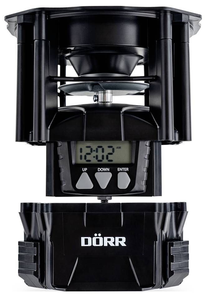 Automatic Pet Feeder with Digital Display and Control Buttons; Brand 'DÖRR'. Displays time 12:02 AM. Ideal for Animal Feeding.