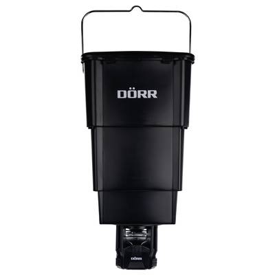 Plastic feed dispenser by Dörr in black with a carrying handle, rectangular in shape, suitable for wildlife feeding or animal supplies.