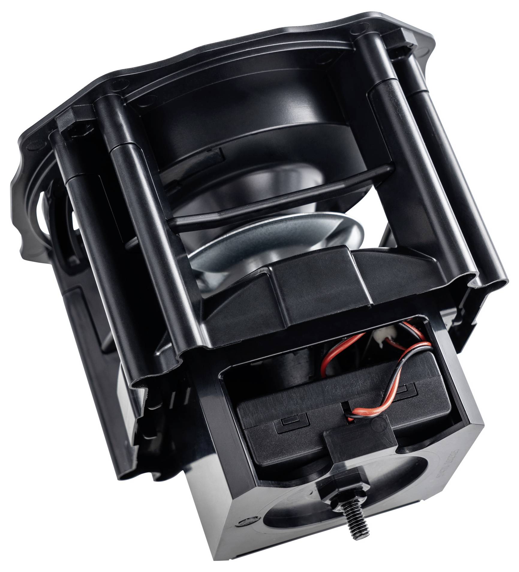 Speakers with wired connection, black casing, side view.