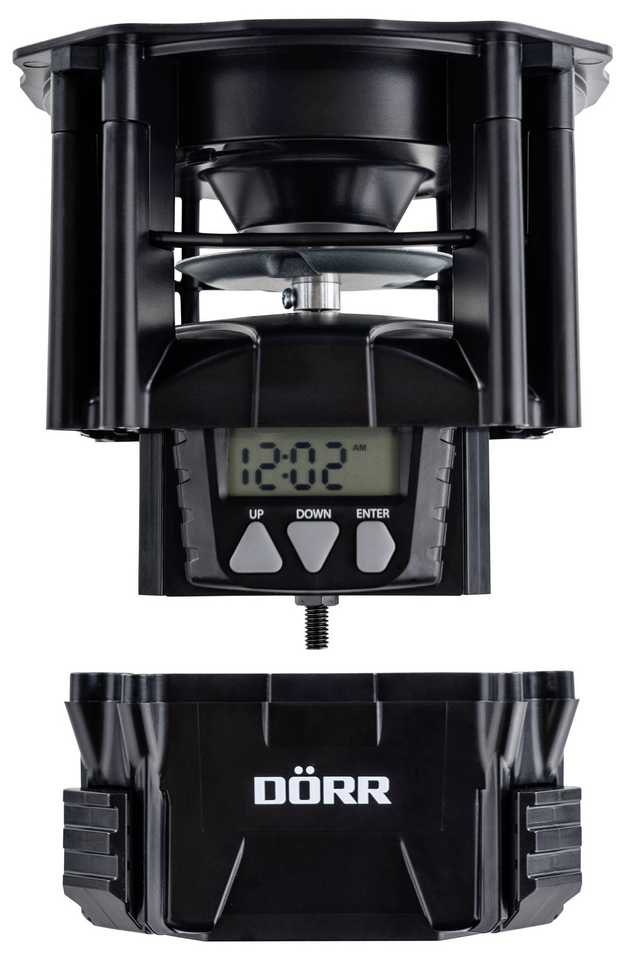 Automatic pet feeder in black with digital display and buttons 'Up', 'Down', 'Enter'. Brand mark 'DÖRR' visible.