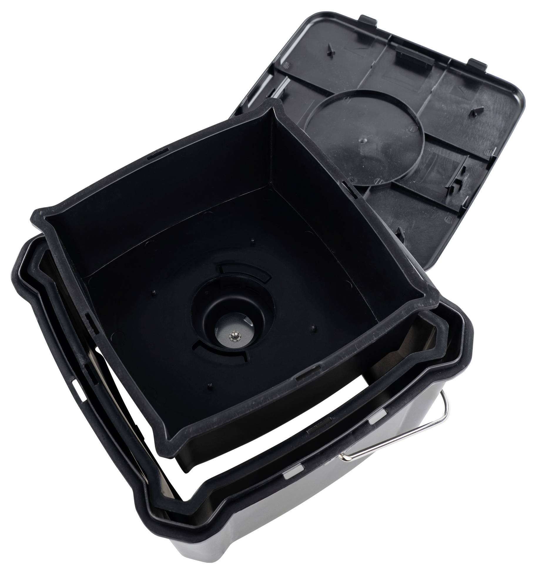 A black, square bucket with a removed lid and carrying handle, suitable for transporting or storing liquids.