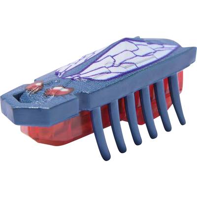 A small, battery-operated toy in the shape of a beetle, coloured red and blue with a patterned top surface.