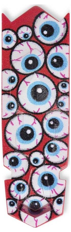 A red skateboard deck featuring multiple blue comic-style eyes of varying sizes.