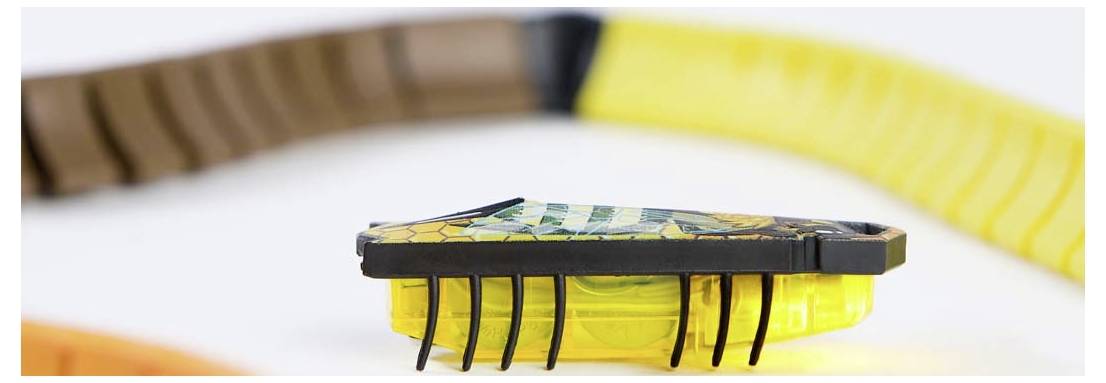 A small, yellow, technological device with black legs, resembling a mini-robot, set against a blurred colourful background.