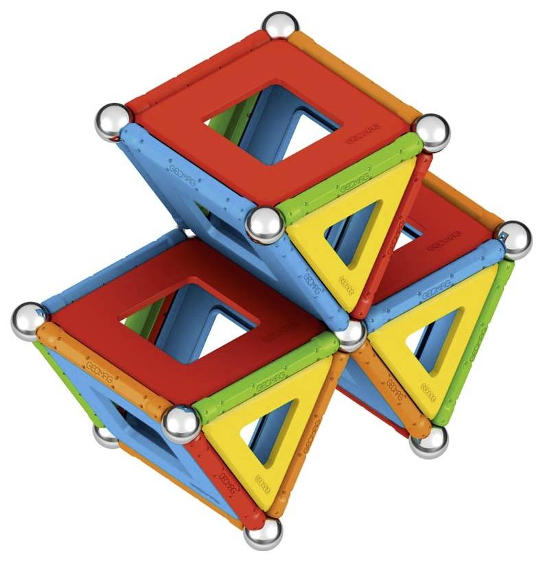 Three colourful cubes connected by magnetic triangles at their edges, demonstrate a structural building and construction toy.