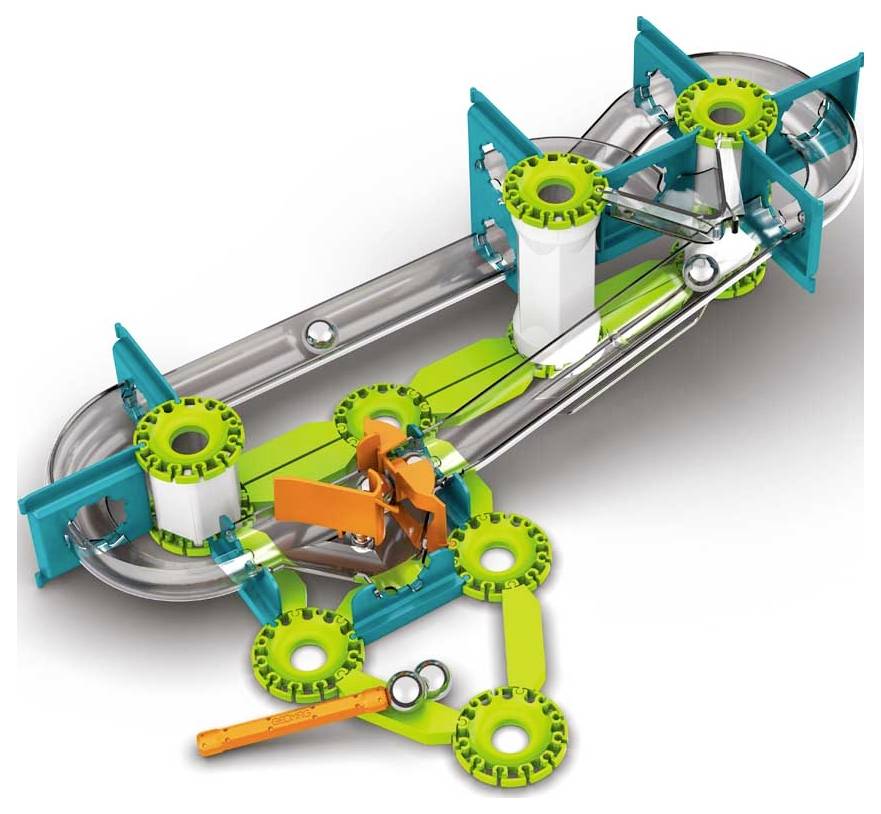 A complex modular system with coloured, interlocking gears and tracks. It demonstrates mechanical movement and connection.