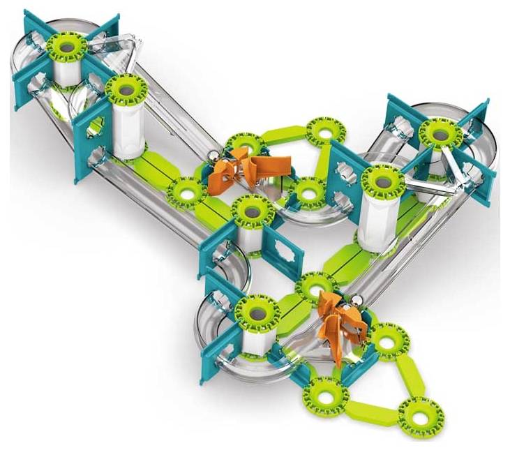 Toy track with clear tubes, green wheels, and orange rotating mechanisms. Structure resembles a Y-shape.
