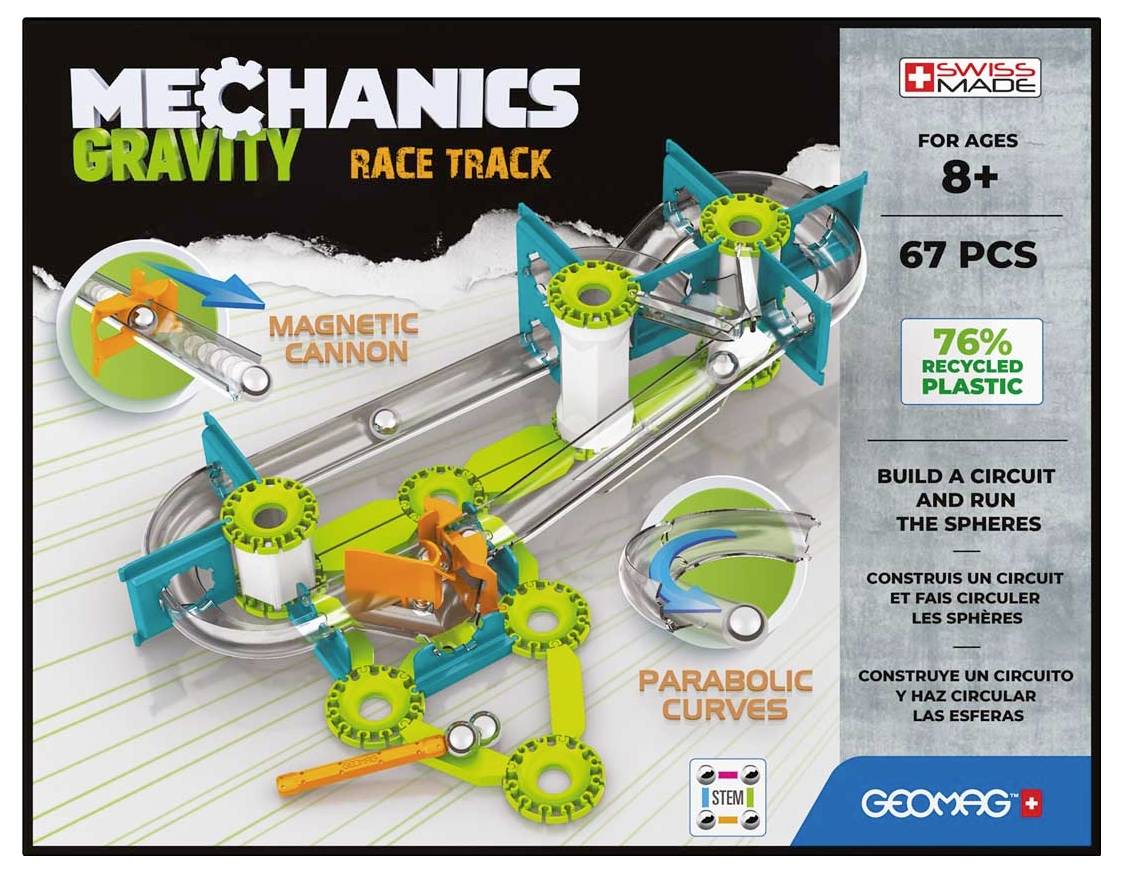 'Mechanics Gravity Race Track' Construction Set for Children Aged 8 and Above, contains 67 pieces. Magnetic cannon and parabolic curves. Made from 76% recycled plastic.