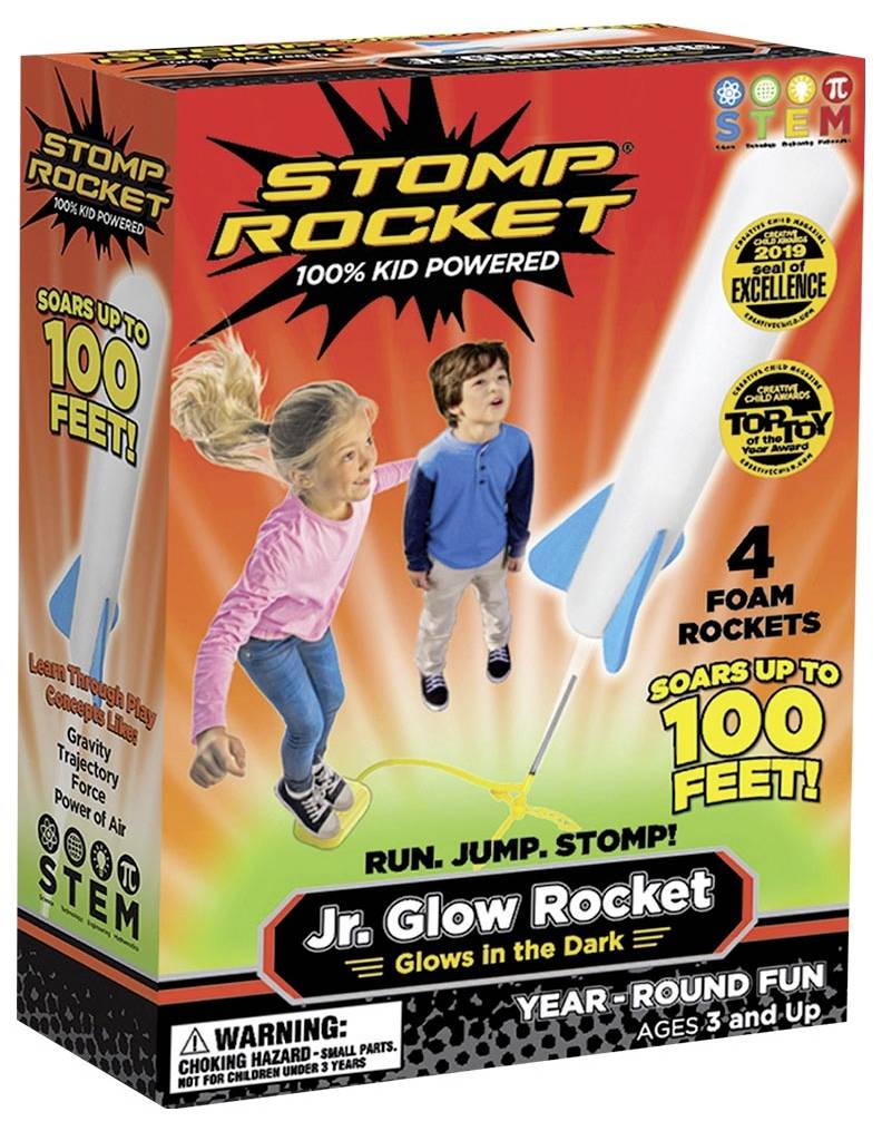 'Stomp Rocket Jr. Glow Rocket' Toy Package shows two children playing and a rocket. Contains 4 foam rockets, glows in the dark. Suitable for ages 3 and up.