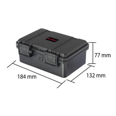 Black plastic storage box measuring 184 mm x 132 mm x 77 mm. Two latches at the front.