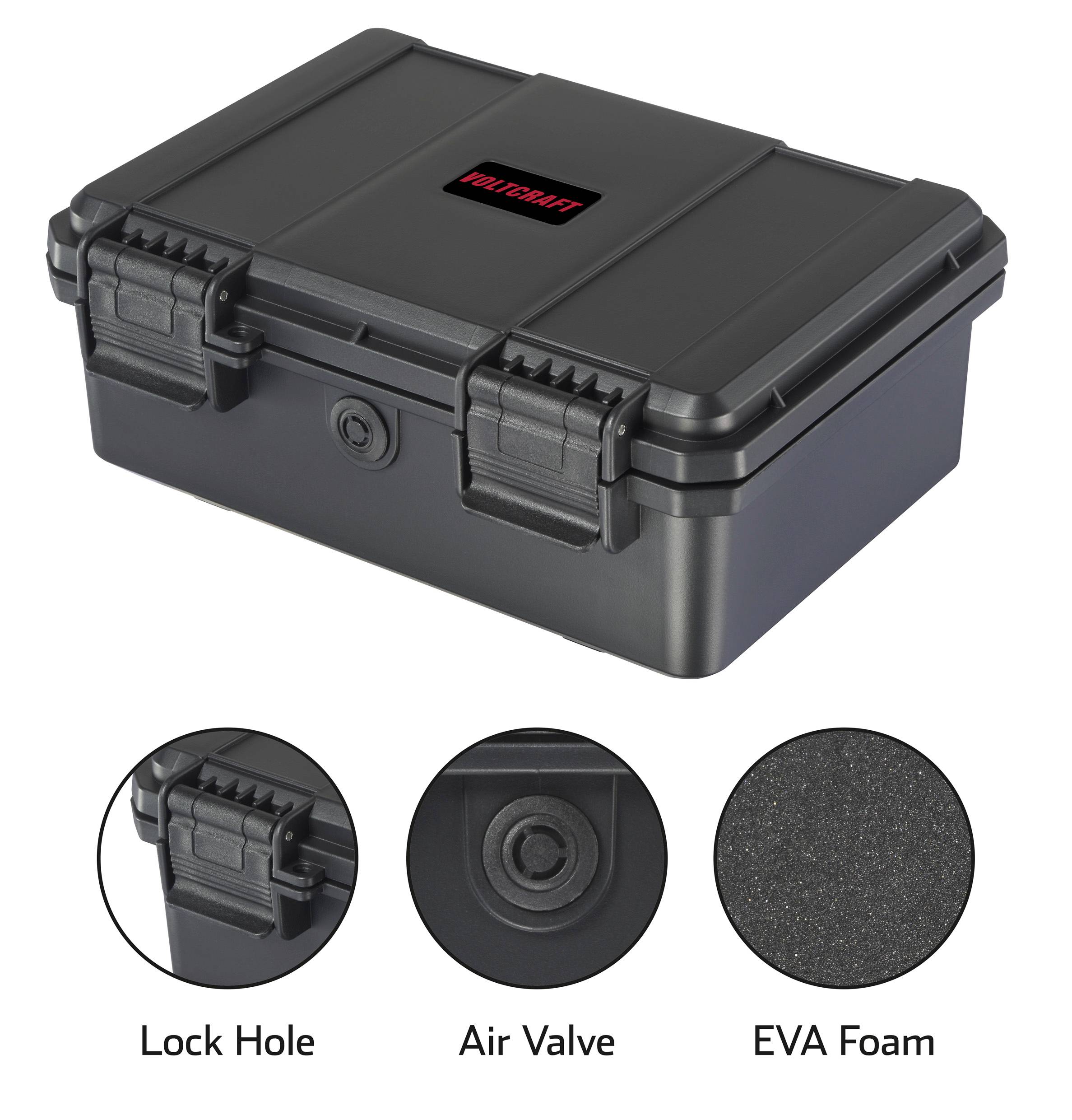 A robust, black, waterproof box with a lock hole, air valve, and EVA foam. It is ideally suited for secure storage.