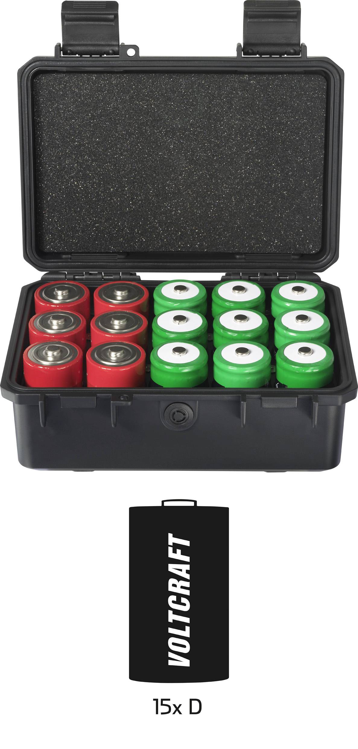 A black box contains 15 rechargeable D batteries, eight of which are red and seven green. Beneath it reads "15x D, VOLTCRAFT".