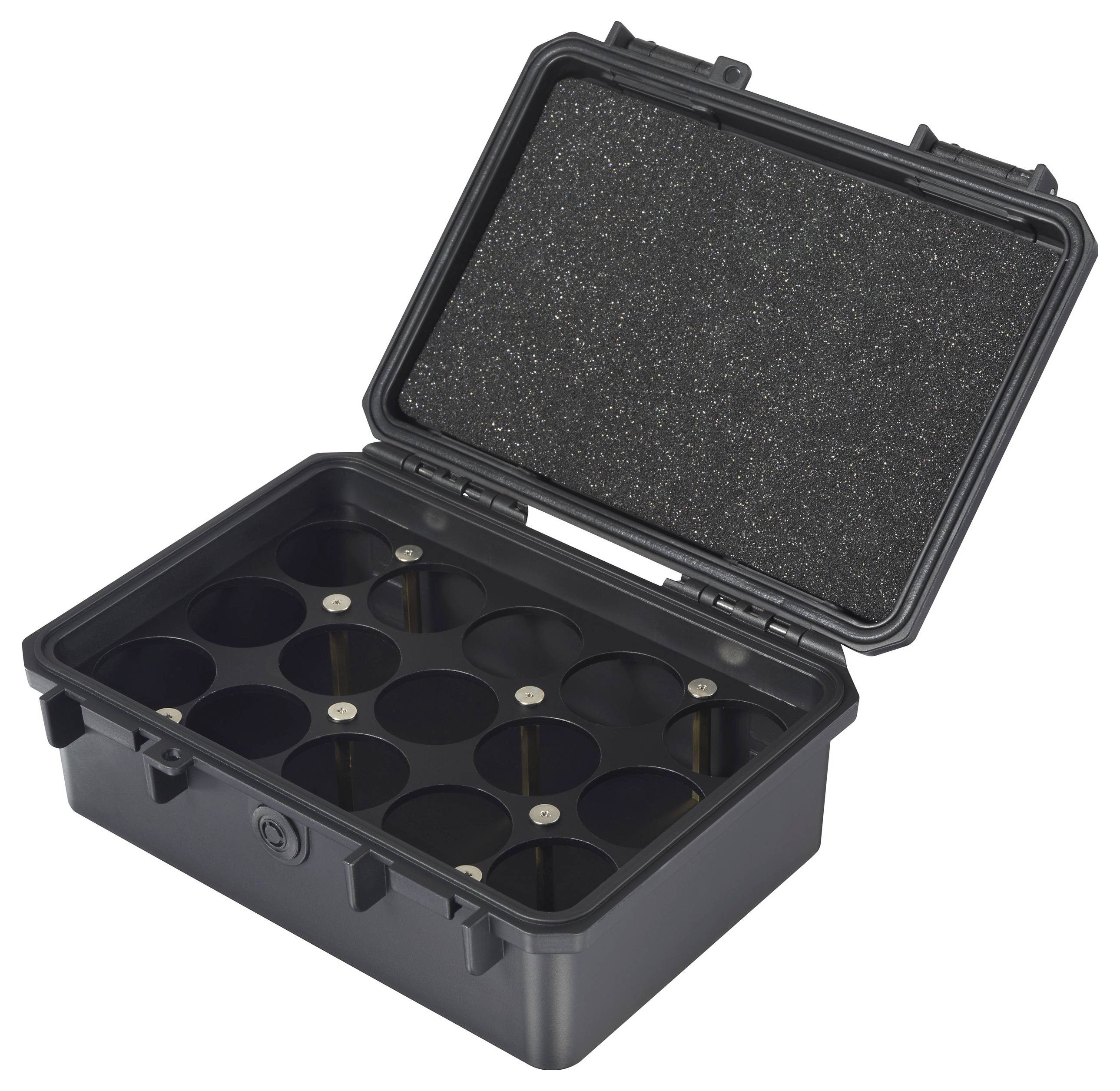 Open black plastic case with foam padding in the lid. Inside, twelve circular holders for small objects are visible.