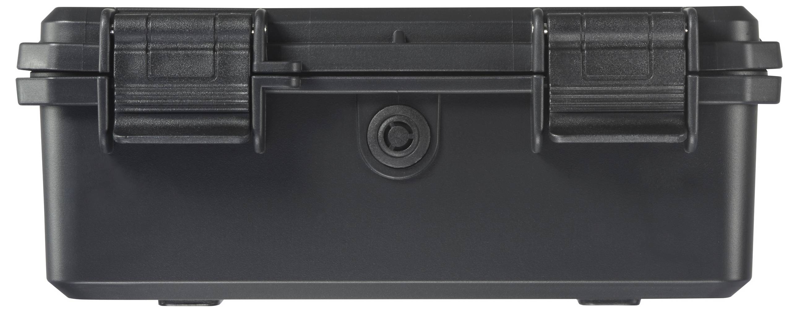 Black suitcase with two latches and a central lock. Ideal for secure transportation and protection of valuable contents.