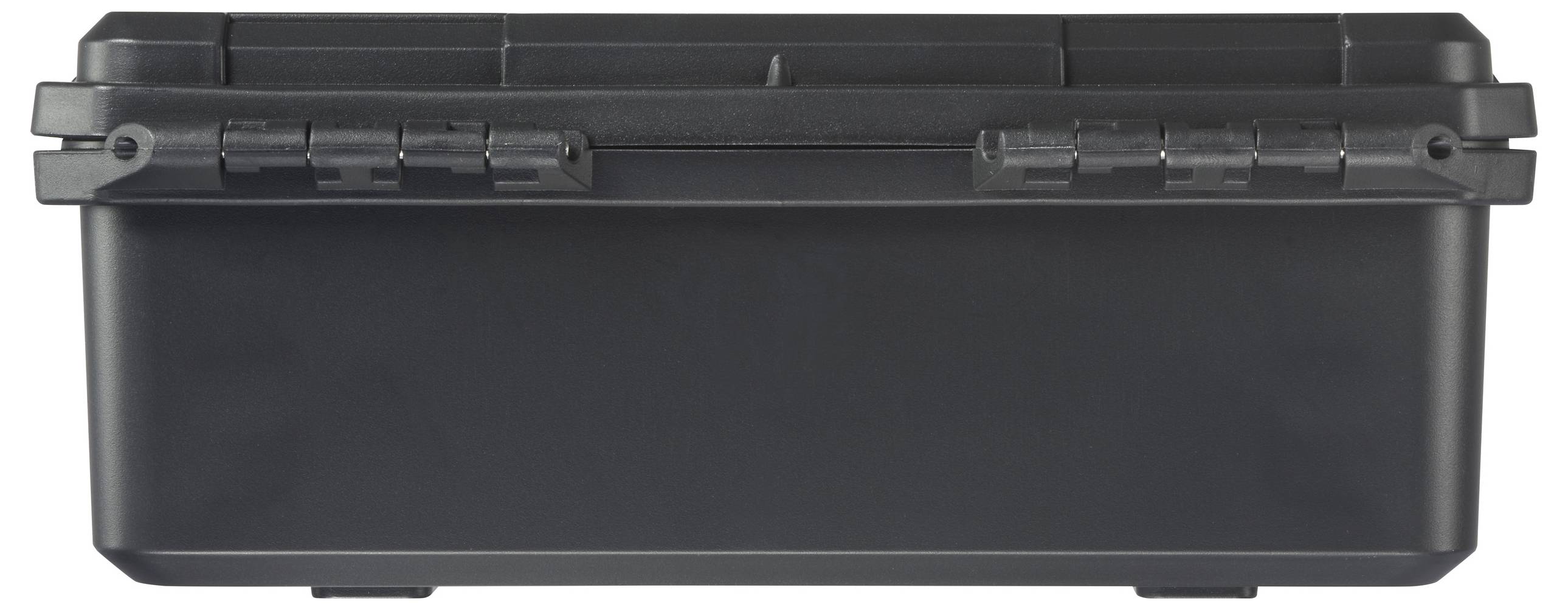 Black plastic container with hinged lid, closed.