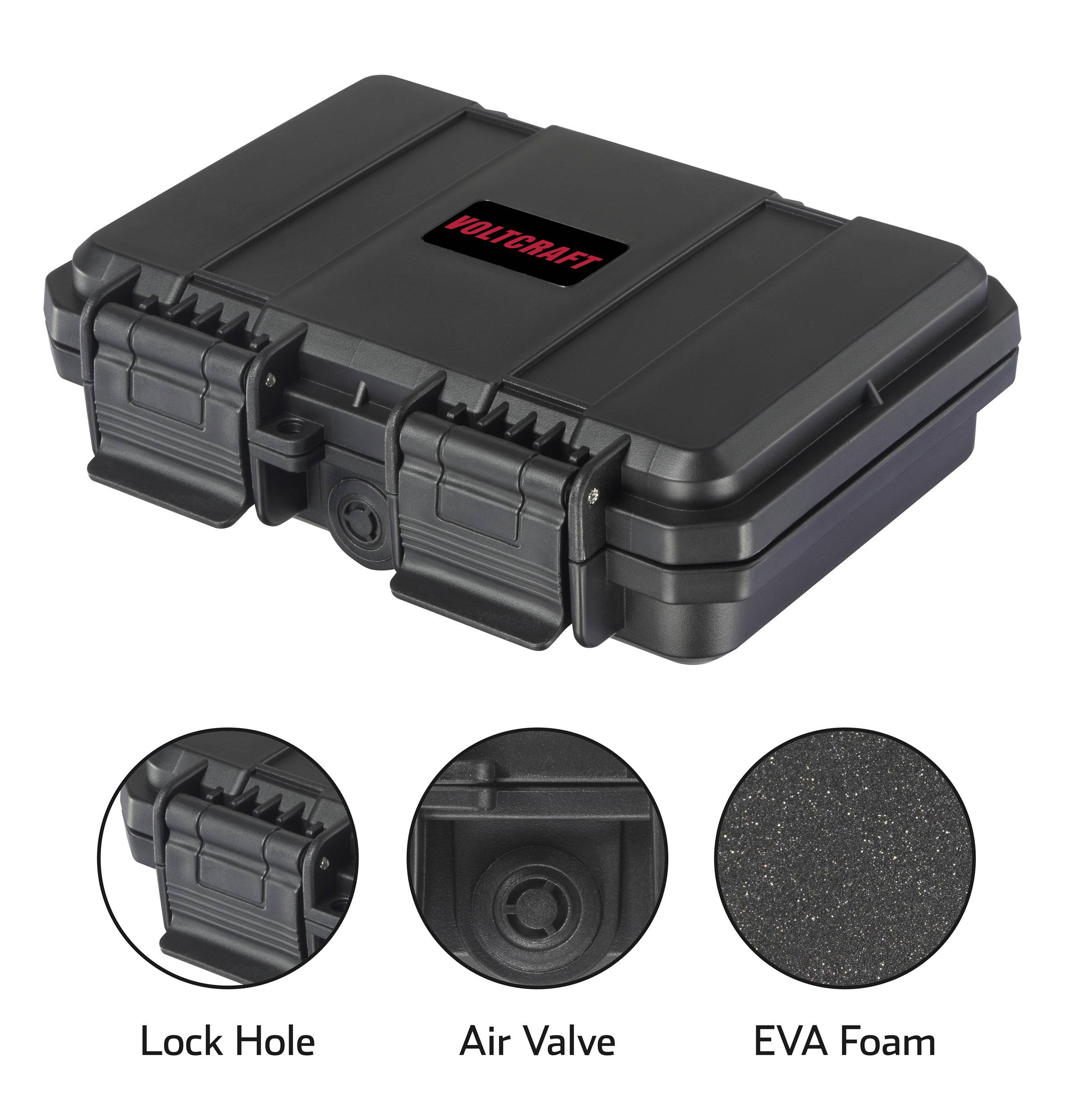 'Black protective case with VOLTCRAFT logo in the centre. Close-up views: lock hole, air valve, EVA foam.'