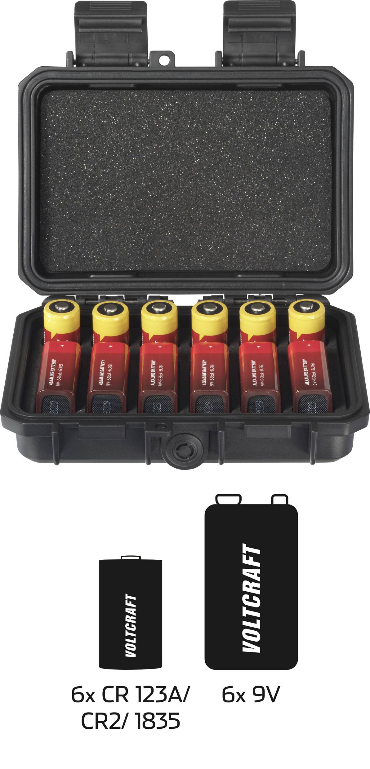'Black case with six red battery compartments. Underneath symbols: 6x CR 123A/CR2/1835 batteries, 6x 9V batteries, brand Voltcraft.'