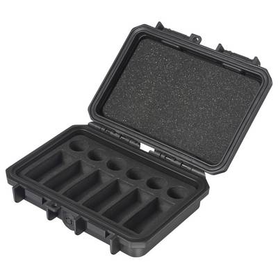 Black, opened protective case with compartments for eight AA batteries and three round compartments for AAA batteries, with foam interior lining.