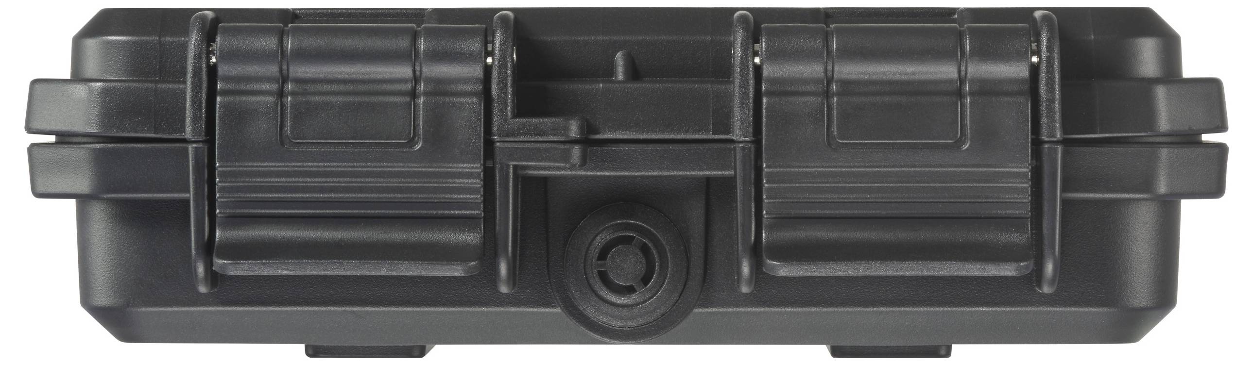 Black, rectangular suitcase with two snap locks and a central handle.