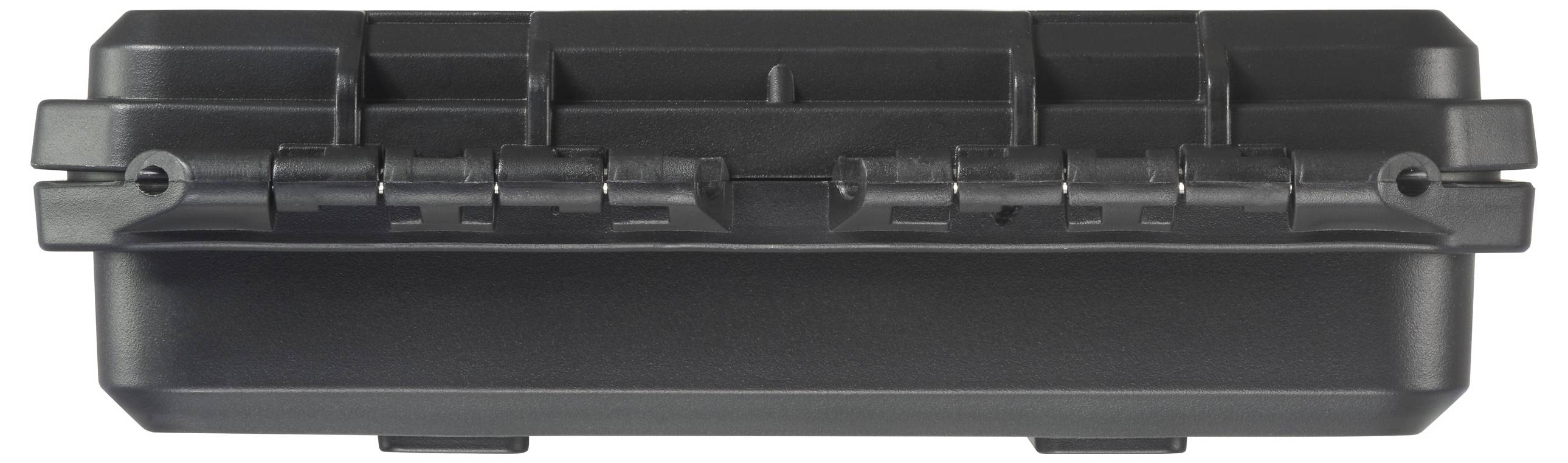 Black, rectangular, closed suitcase with robust hinges and reinforced casing, designed for secure transportation of items.