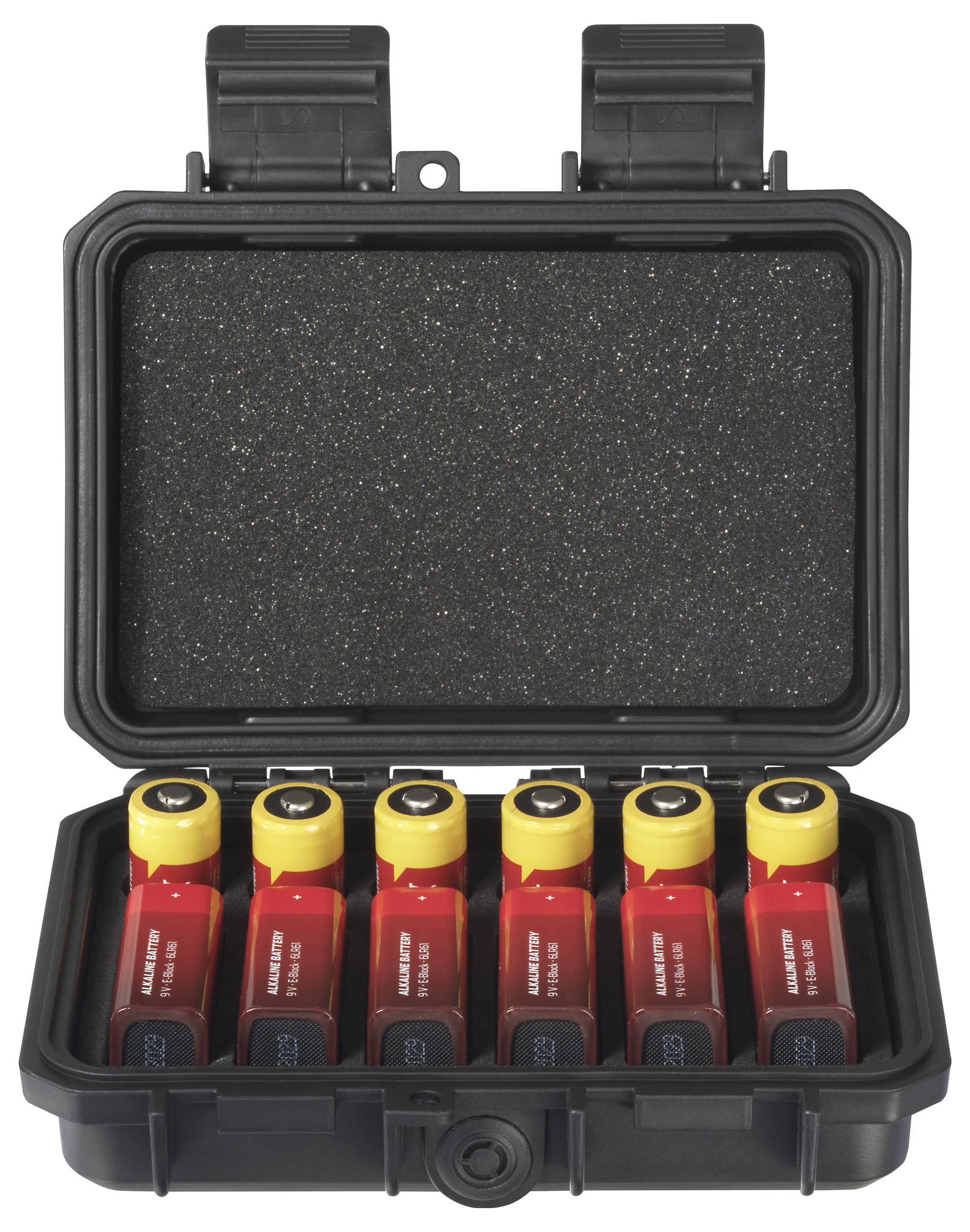 Six red bottles with yellow caps in an open, padded, black case. Bottles are arranged standing upright.