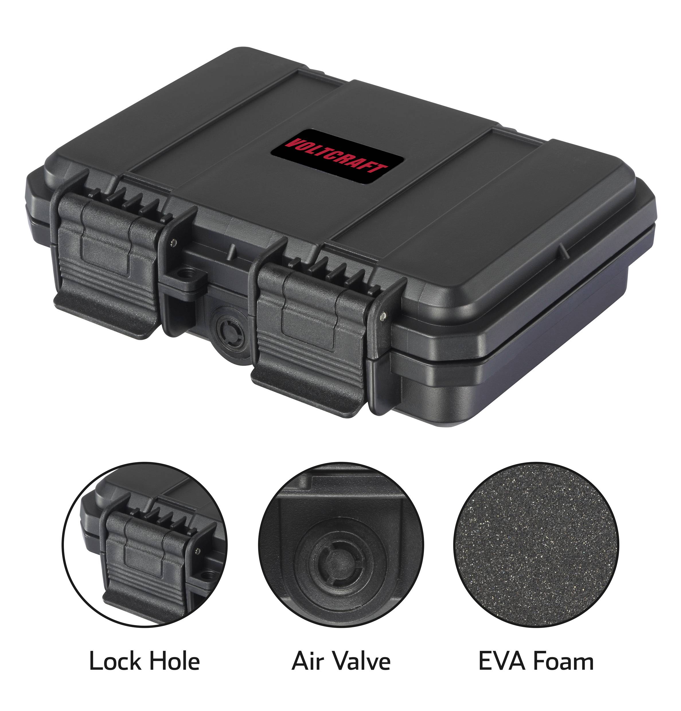 Compact black suitcase with locks, 'WOLFGRAFT' printed on the lid. Details in circles: 'Lock Hole', 'Air Valve', 'EVA Foam'.
